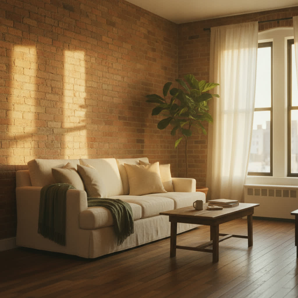 Sala cálida y acogedora de un apartamento uptown con luz dorada de tarde
