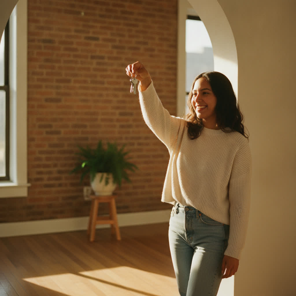 Una mujer sostiene en alto, feliz, las llaves de su nuevo apartamento uptown, con luz cálida de tarde