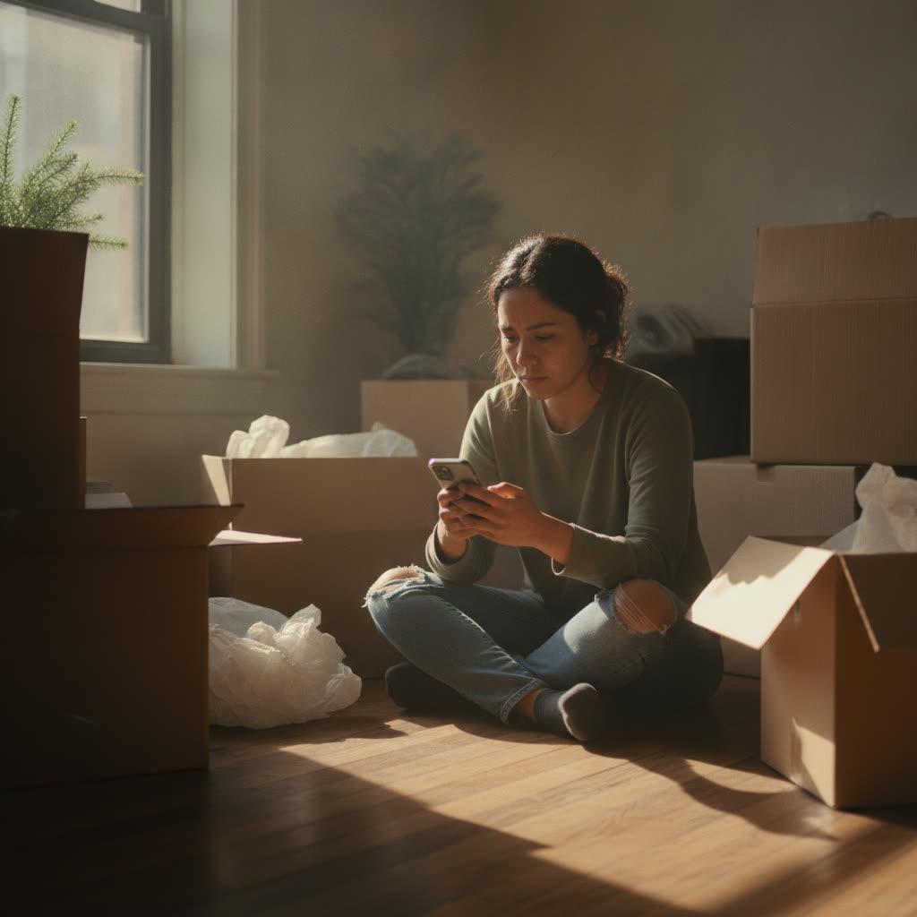 Una persona entre cajas de mudanza mirando su teléfono, con la incertidumbre de no saber si va a calificar