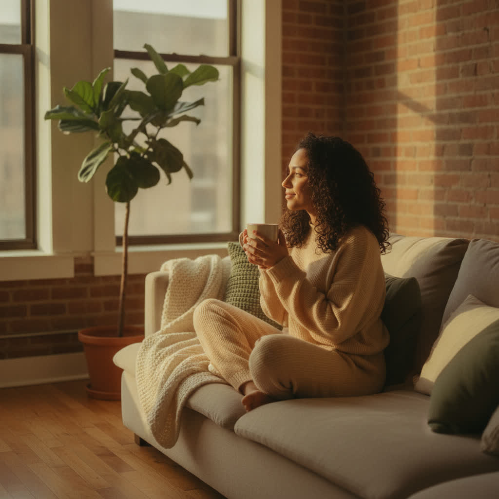 Una mujer descansa con una taza de café en la sala cálida de su apartamento, tranquila y por fin en casa